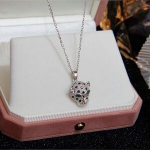 18K White Gold (Rhodium) Plated Zircon & Emerald Inlay Cheetah/ Leopard Necklace